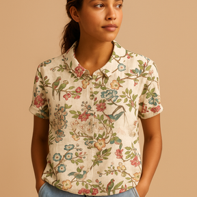 Vrouw draagt een luchtige blouse met vrolijke bloemenprint, ideaal voor zomerse dagen en casual outfits