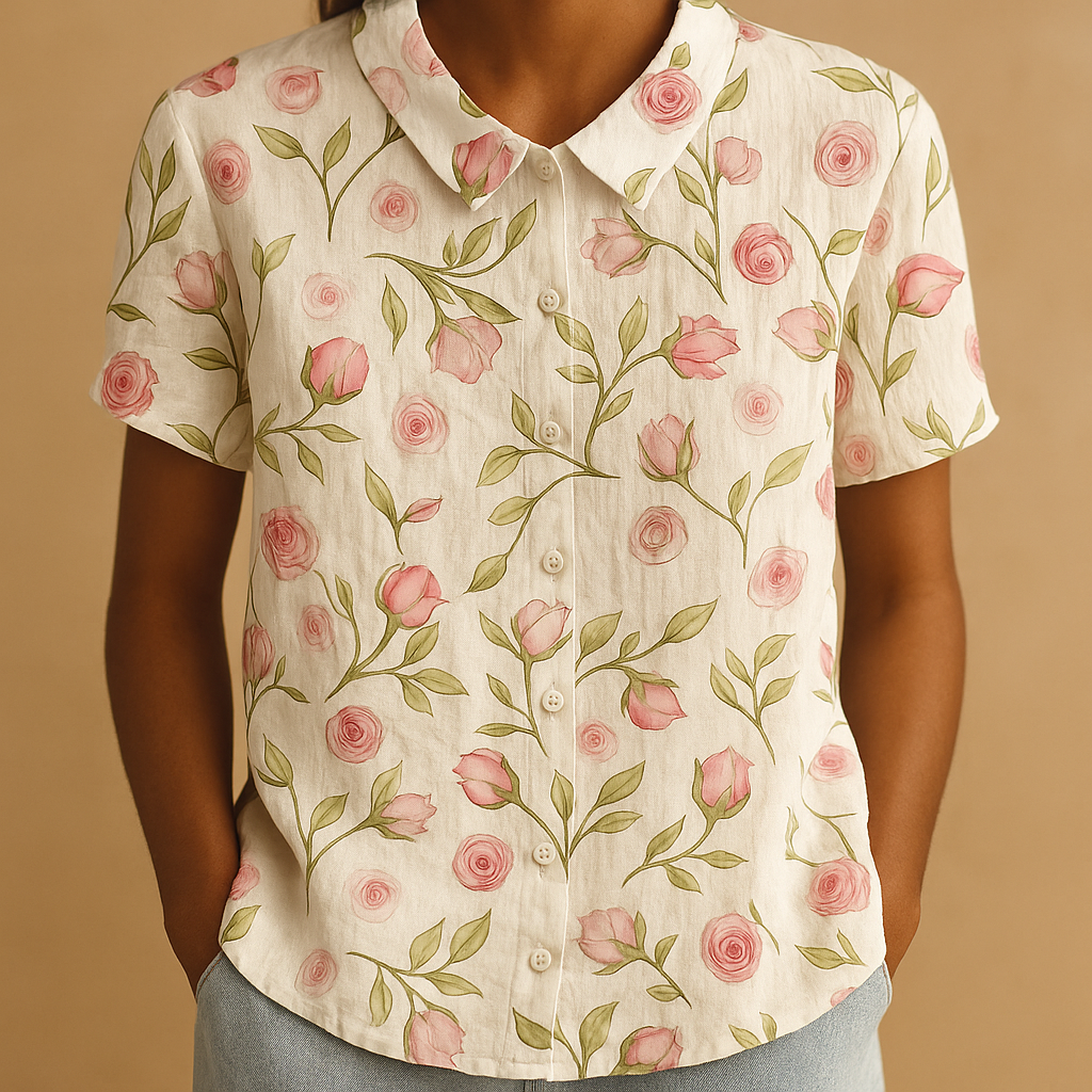 Vrouw draagt een luchtige blouse met vrolijke bloemenprint, ideaal voor zomerse dagen en casual outfits