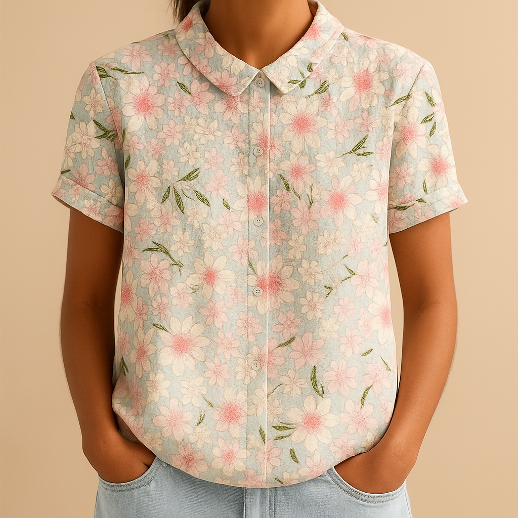 Vrouw draagt een luchtige blouse met vrolijke bloemenprint, ideaal voor zomerse dagen en casual outfits
