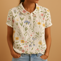 Vrouw draagt een luchtige blouse met vrolijke bloemenprint, ideaal voor zomerse dagen en casual outfits