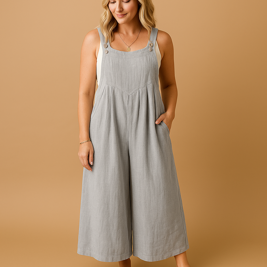 Luchtige dames overall van katoen met wijde pijpen en verstelbare bandjes, verkrijgbaar in diverse kleuren. Perfect voor warme dagen en casual comfort.