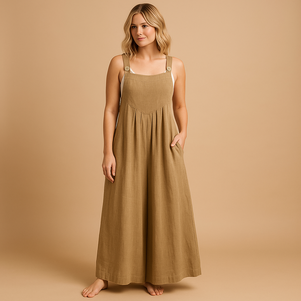 Luchtige dames overall van katoen met wijde pijpen en verstelbare bandjes, verkrijgbaar in diverse kleuren. Perfect voor warme dagen en casual comfort.