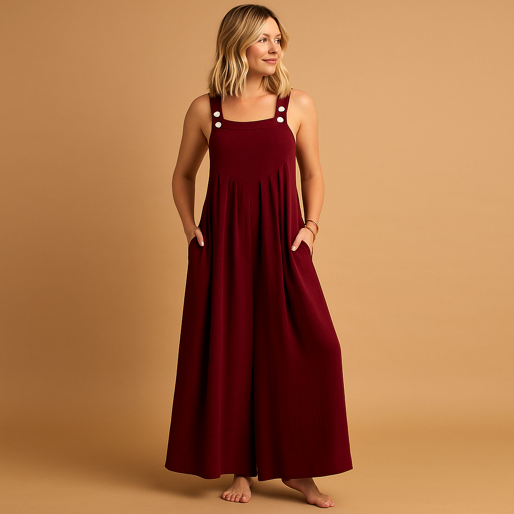 Luchtige dames overall van katoen met wijde pijpen en verstelbare bandjes, verkrijgbaar in diverse kleuren. Perfect voor warme dagen en casual comfort.