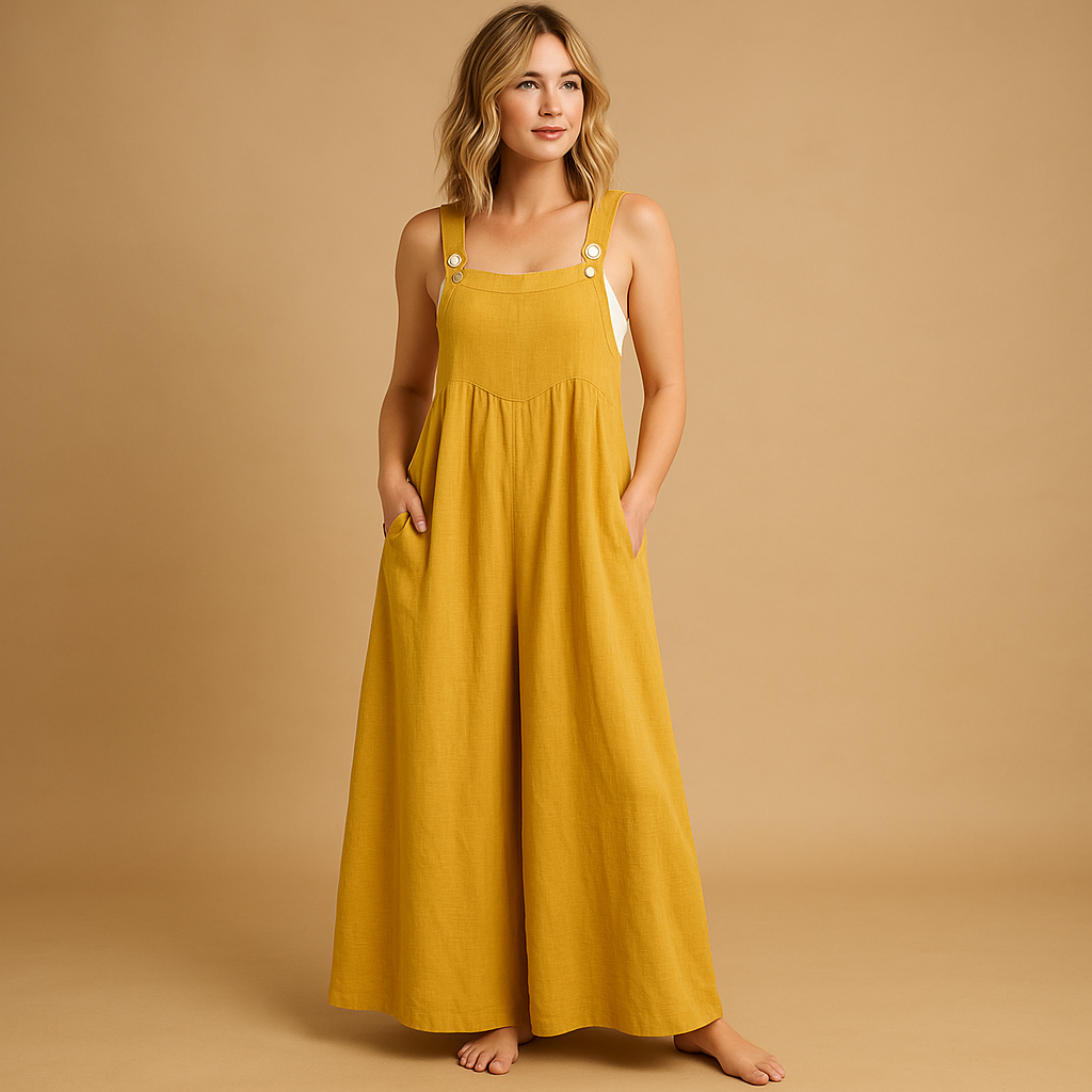 Luchtige dames overall van katoen met wijde pijpen en verstelbare bandjes, verkrijgbaar in diverse kleuren. Perfect voor warme dagen en casual comfort.