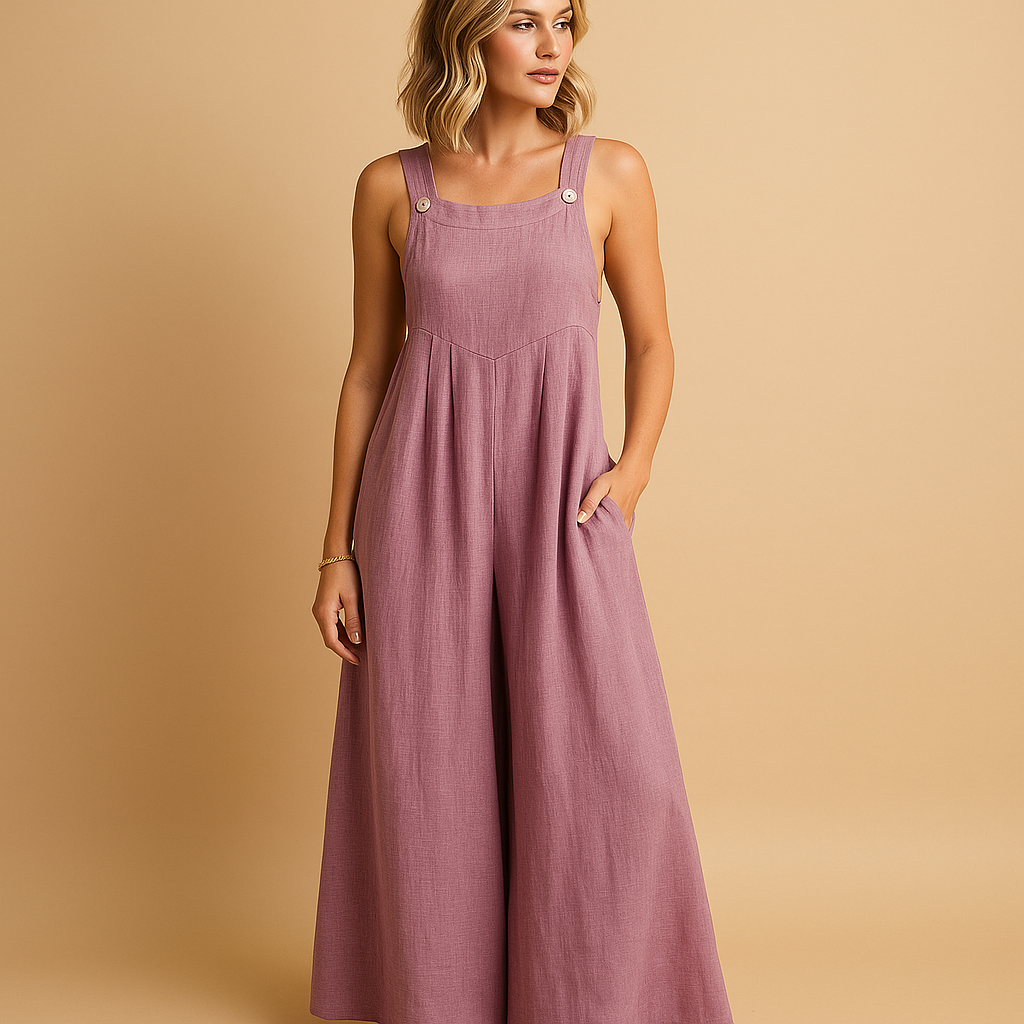 Luchtige dames overall van katoen met wijde pijpen en verstelbare bandjes, verkrijgbaar in diverse kleuren. Perfect voor warme dagen en casual comfort.