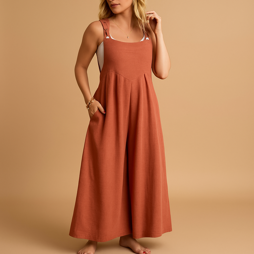 Luchtige dames overall van katoen met wijde pijpen en verstelbare bandjes, verkrijgbaar in diverse kleuren. Perfect voor warme dagen en casual comfort.