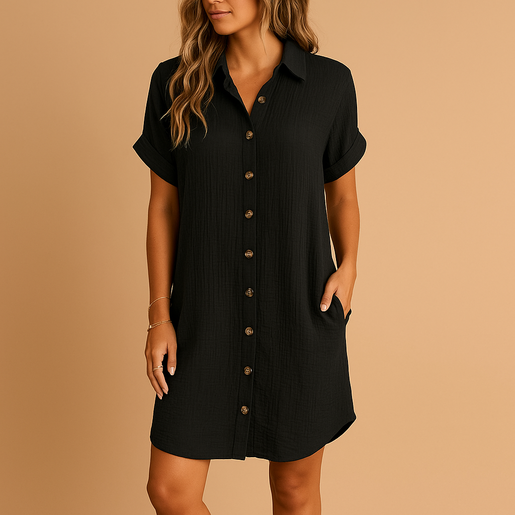 Dames midi-jurk met overhemdontwerp, knoopsluiting en zomerse pasvorm. Perfect voor casual dagen, vakanties en wandelingen.