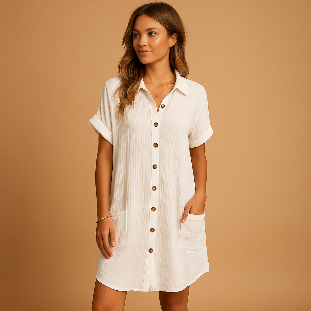 Dames midi-jurk met overhemdontwerp, knoopsluiting en zomerse pasvorm. Perfect voor casual dagen, vakanties en wandelingen.