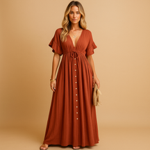 Oranje strandjurk voor dames van katoenmix, met los en ademend ontwerp, ideaal voor zomerse dagen aan zee of bij het zwembad.