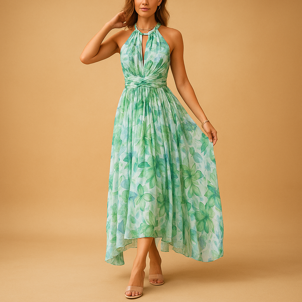 Dames maxi-jurk met bloemenprint, mouwloos design en hoge taille, ideaal voor zomerse dagen, feestjes en vakanties.