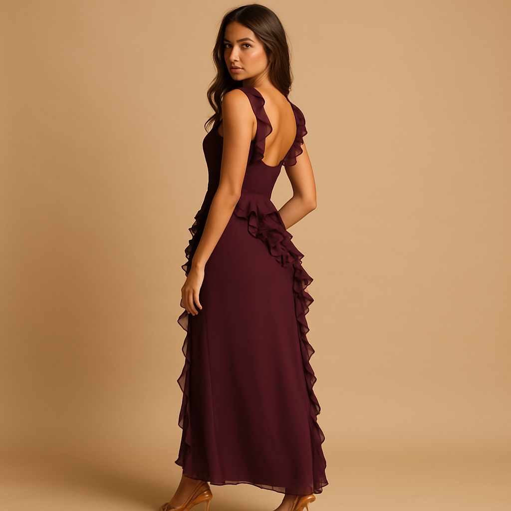 Maxi-jurk voor dames met verstelbare bandjes, asymmetrische ruches en hoge split, perfect voor formele en zomerse gelegenheden.