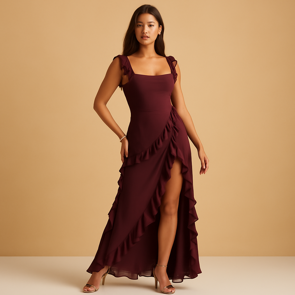 Maxi-jurk voor dames met verstelbare bandjes, asymmetrische ruches en hoge split, perfect voor formele en zomerse gelegenheden.