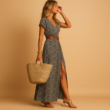 Stijlvolle dames maxi-jurk met V-hals, korte mouwen en riem in elastische taille, perfect voor werk, vakantie of feestelijke gelegenheden.