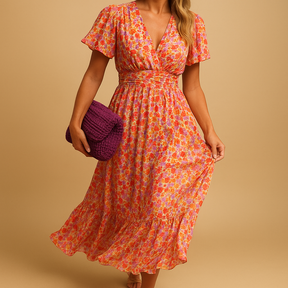Luchtige maxi zomerjurk met V-hals en bloemenprint voor dames, ideaal voor casual en feestelijke zomerse gelegenheden