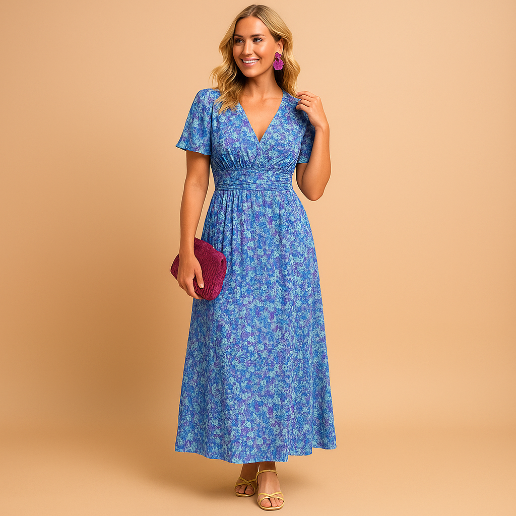 Luchtige maxi zomerjurk met V-hals en bloemenprint voor dames, ideaal voor casual en feestelijke zomerse gelegenheden