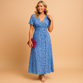 Luchtige maxi zomerjurk met V-hals en bloemenprint voor dames, ideaal voor casual en feestelijke zomerse gelegenheden