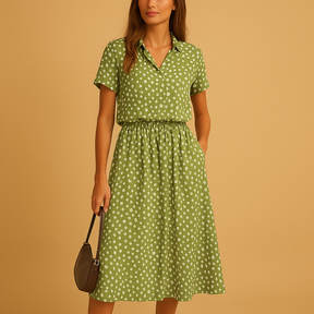 Dames midi A-lijn jurk met V-hals, knoopdetails en speelse print – ideaal voor zomerse en chique gelegenheden
