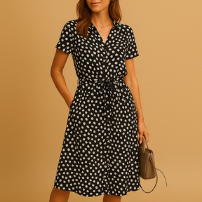 Dames midi A-lijn jurk met V-hals, knoopdetails en speelse print – ideaal voor zomerse en chique gelegenheden