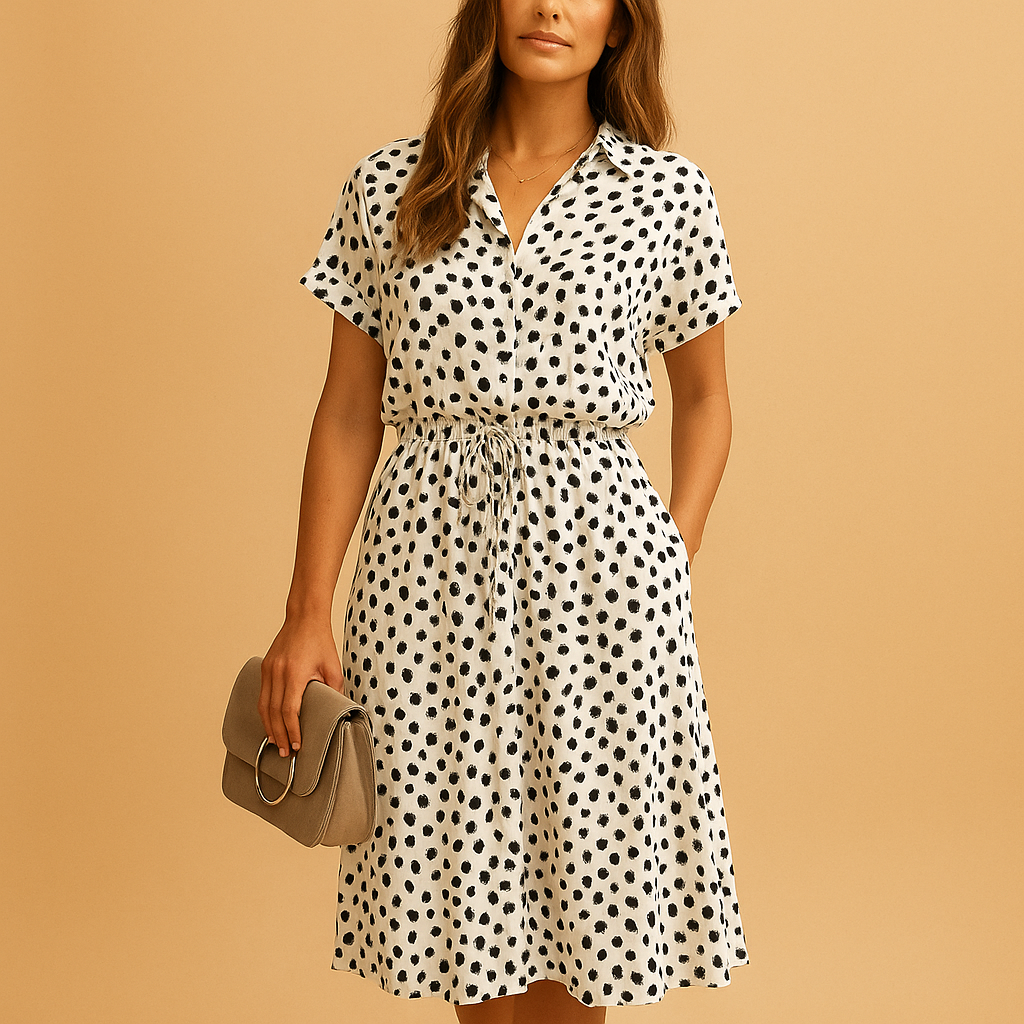 Dames midi A-lijn jurk met V-hals, knoopdetails en speelse print – ideaal voor zomerse en chique gelegenheden