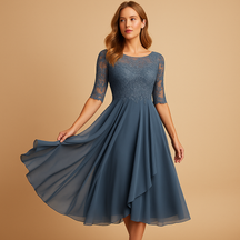 Midi-jurk voor dames met elegante kanten top, elbooglange mouwen en asymmetrische rok, ideaal voor feestelijke en stijlvolle gelegenheden.