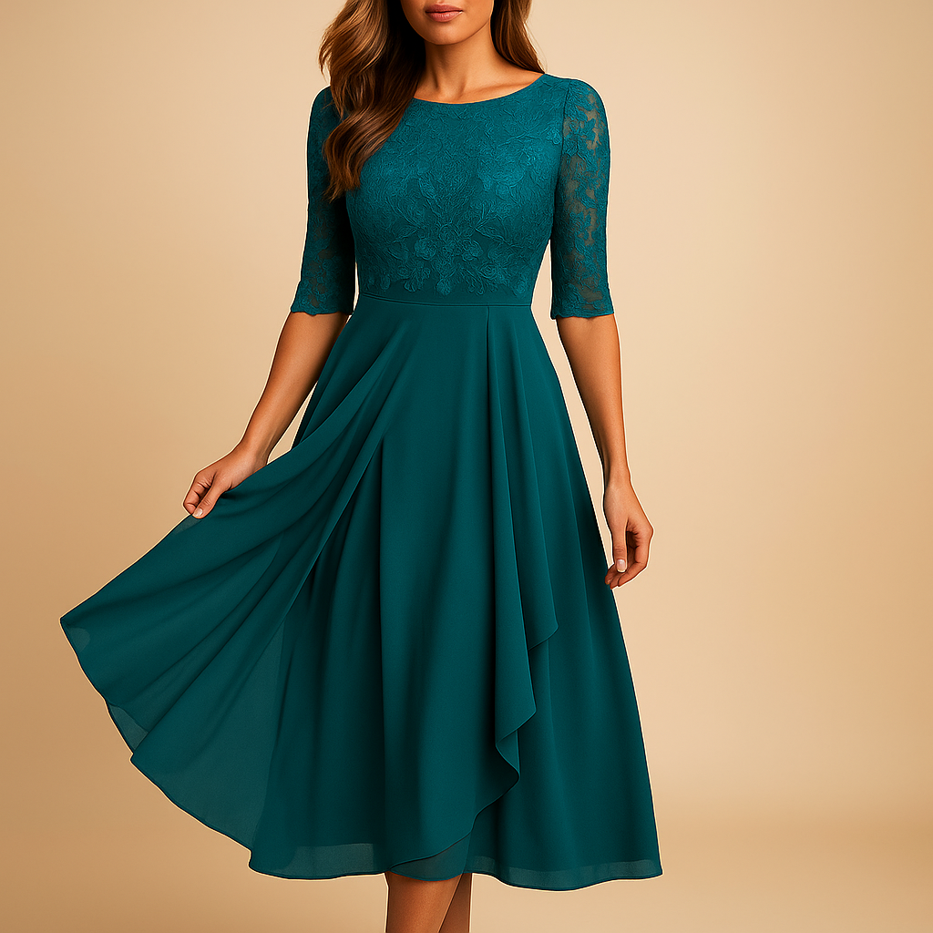 Midi-jurk voor dames met elegante kanten top, elbooglange mouwen en asymmetrische rok, ideaal voor feestelijke en stijlvolle gelegenheden.
