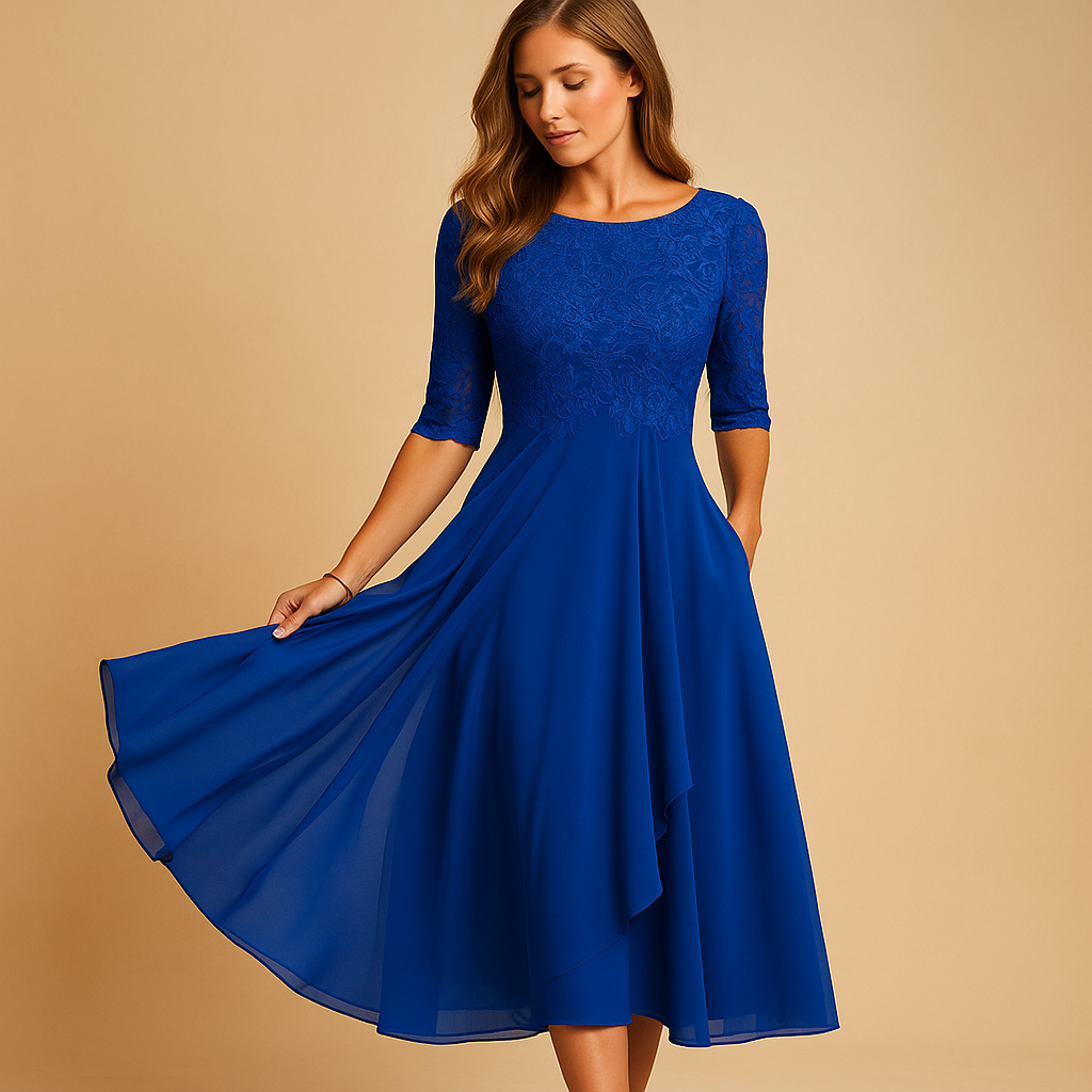 Midi-jurk voor dames met elegante kanten top, elbooglange mouwen en asymmetrische rok, ideaal voor feestelijke en stijlvolle gelegenheden.