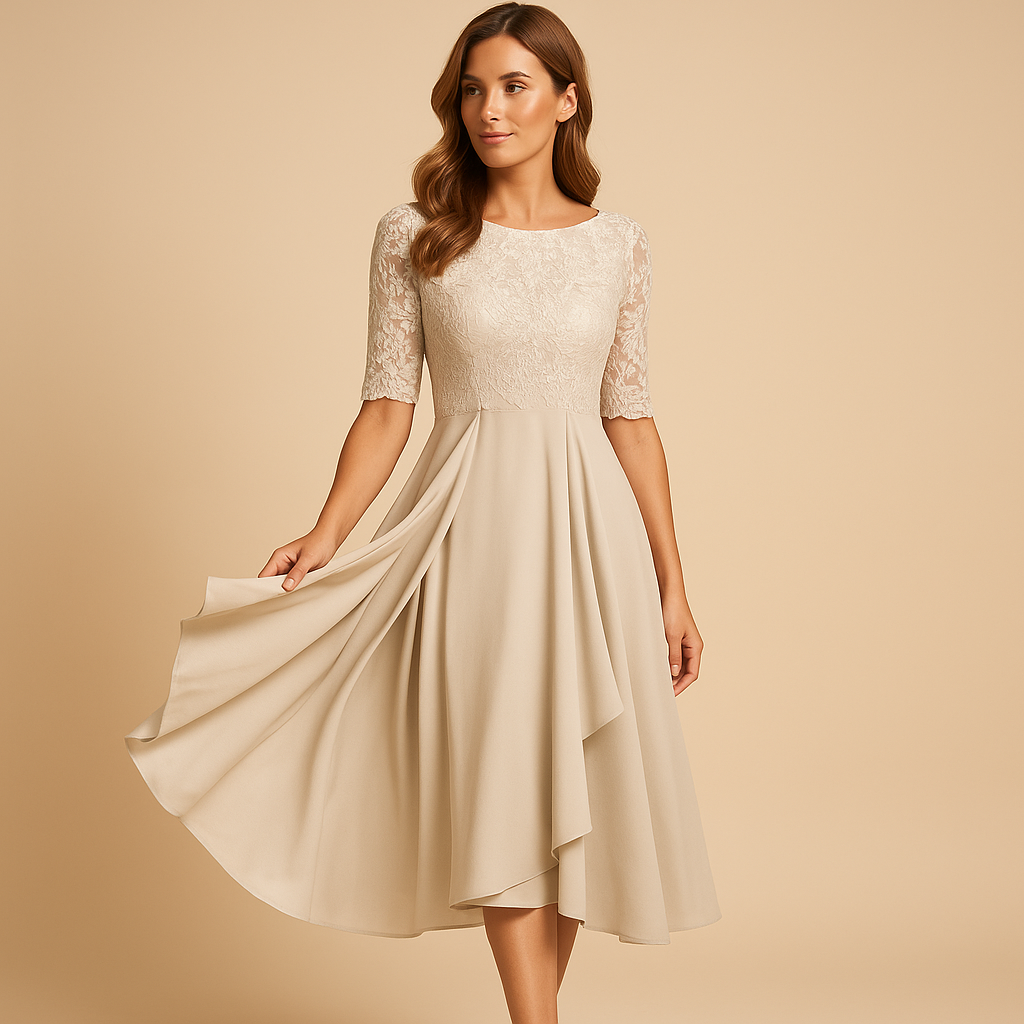 Midi-jurk voor dames met elegante kanten top, elbooglange mouwen en asymmetrische rok, ideaal voor feestelijke en stijlvolle gelegenheden.