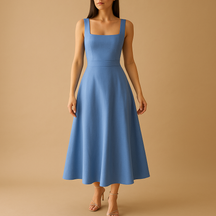 Dames midi-jurk met vierkante hals, brede bandjes en elastische tailleband, perfect voor zowel feestjes als casual momenten.