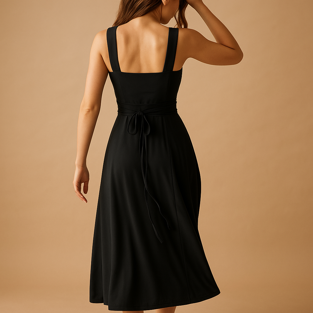 Dames midi-jurk met vierkante hals, brede bandjes en elastische tailleband, perfect voor zowel feestjes als casual momenten.
