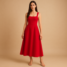 Dames midi-jurk met vierkante hals, brede bandjes en elastische tailleband, perfect voor zowel feestjes als casual momenten.
