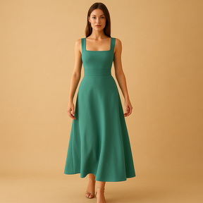 Dames midi-jurk van katoenmix met vierkante hals, brede bandjes en vetersluiting in de taille, geschikt voor werk en vrije tijd.