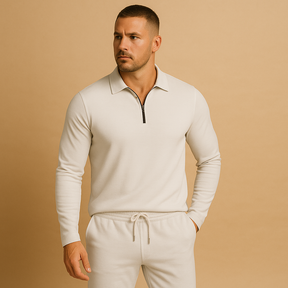 Moderne heren tracksuit met rits en tapered broek, perfect voor loungen of casual uitstapjes, in donkergrijs, blauw of zwart.