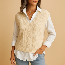 Mouwloos kabelgebreid V-hals vest voor dames met elegante pasvorm. Perfect voor laagjeslooks in lente en herfst in meerdere kleuren.