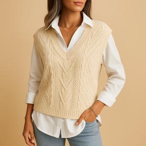 Mouwloos kabelgebreid V-hals vest voor dames met elegante pasvorm. Perfect voor laagjeslooks in lente en herfst in meerdere kleuren.