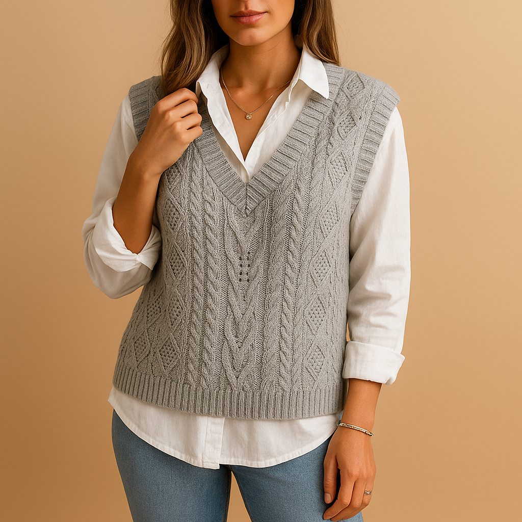 Mouwloos kabelgebreid V-hals vest voor dames met elegante pasvorm. Perfect voor laagjeslooks in lente en herfst in meerdere kleuren.
