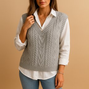 Mouwloos kabelgebreid V-hals vest voor dames met elegante pasvorm. Perfect voor laagjeslooks in lente en herfst in meerdere kleuren.
