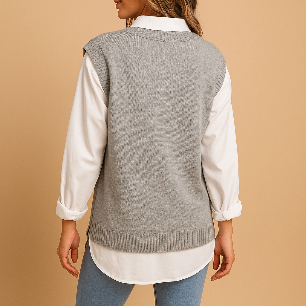 Mouwloos kabelgebreid V-hals vest voor dames met elegante pasvorm. Perfect voor laagjeslooks in lente en herfst in meerdere kleuren.