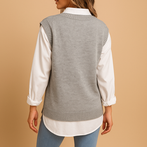 Mouwloos kabelgebreid V-hals vest voor dames met elegante pasvorm. Perfect voor laagjeslooks in lente en herfst in meerdere kleuren.