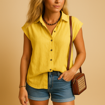 Mouwloos linnen overhemd voor dames in zomerse kleuren, ideaal voor warme dagen en casual outfits.