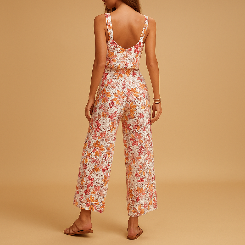 Zomerse dames jumpsuit zonder mouwen met roze bloemenprint en vierkante halslijn, ideaal voor warme dagen en casual of feestelijke gelegenheden.