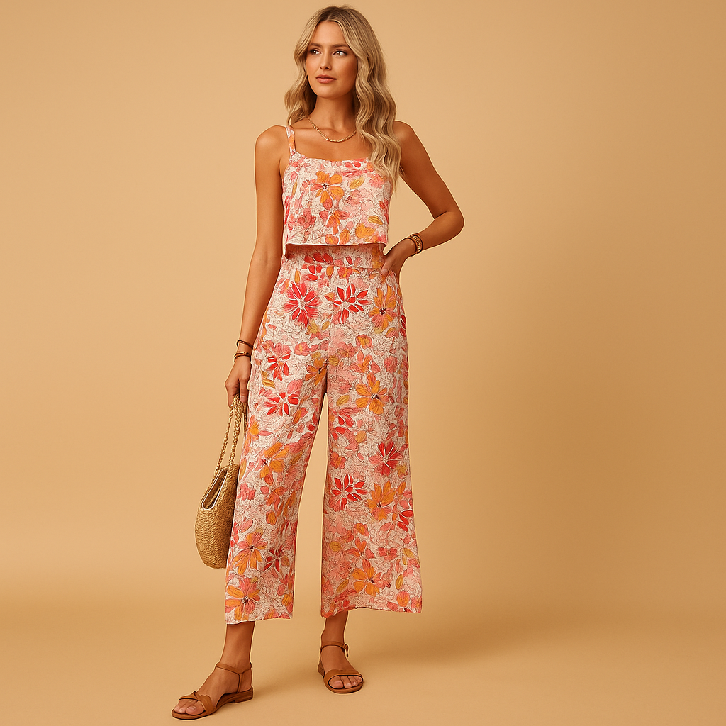 Zomerse dames jumpsuit zonder mouwen met roze bloemenprint en vierkante halslijn, ideaal voor warme dagen en casual of feestelijke gelegenheden.