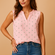 Dames top zonder mouwen met elegante V-hals en lichte pasvorm, perfect voor warme dagen en casual tot chique outfits