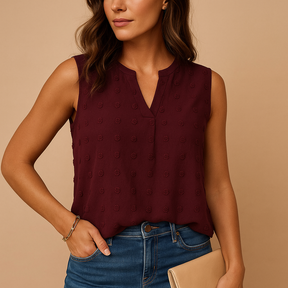Dames top zonder mouwen met elegante V-hals en lichte pasvorm, perfect voor warme dagen en casual tot chique outfits