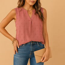 Dames top zonder mouwen met elegante V-hals en lichte pasvorm, perfect voor warme dagen en casual tot chique outfits