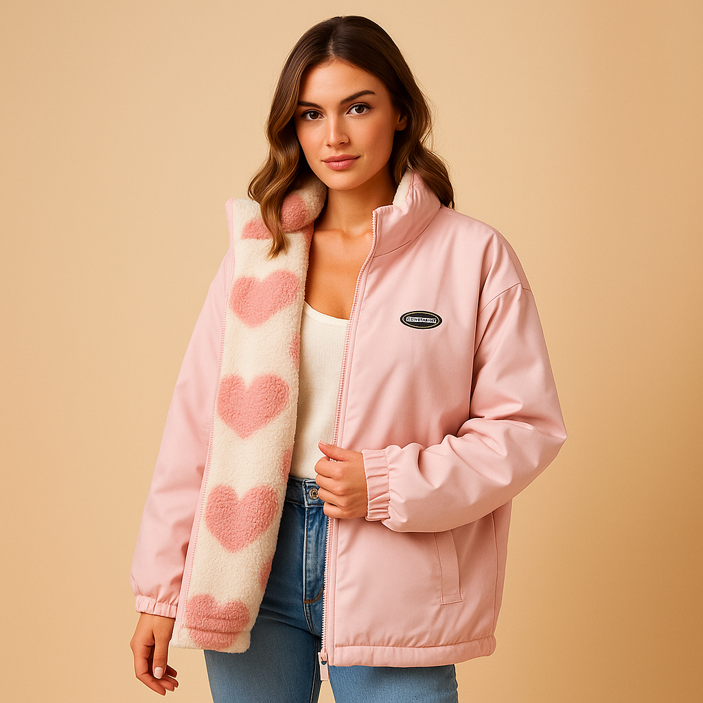 Omkeerbare winterjas voor dames in zwart, blauw of roze. Twee modieuze looks in één, warm en stijlvol voor koude dagen.