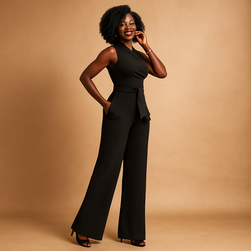 Elegante one-shoulder dames jumpsuit in rood of zwart met wijde broekspijpen, perfect voor zomerfeesten of speciale gelegenheden.