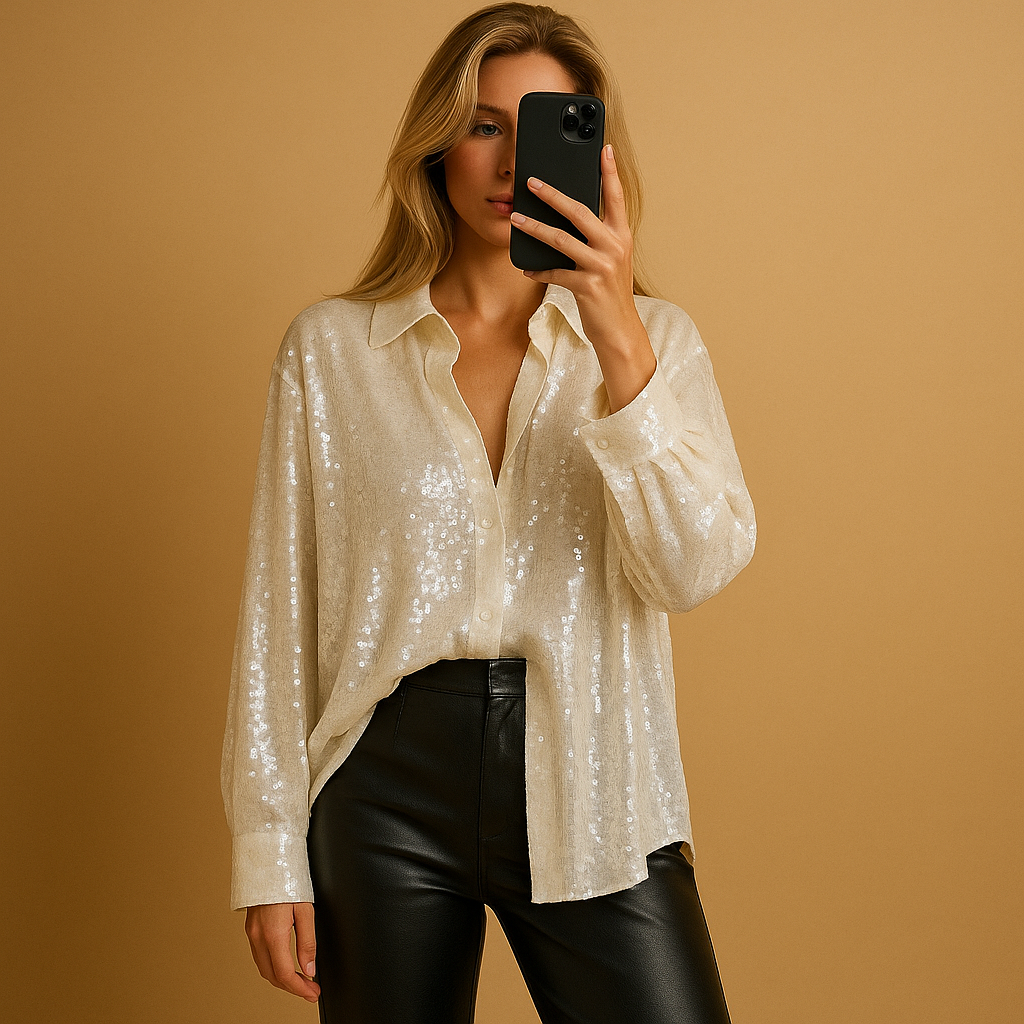 Oversized damesblouse met subtiele glans en comfortabele pasvorm – ideaal voor feestelijke gelegenheden of chique casual outfits