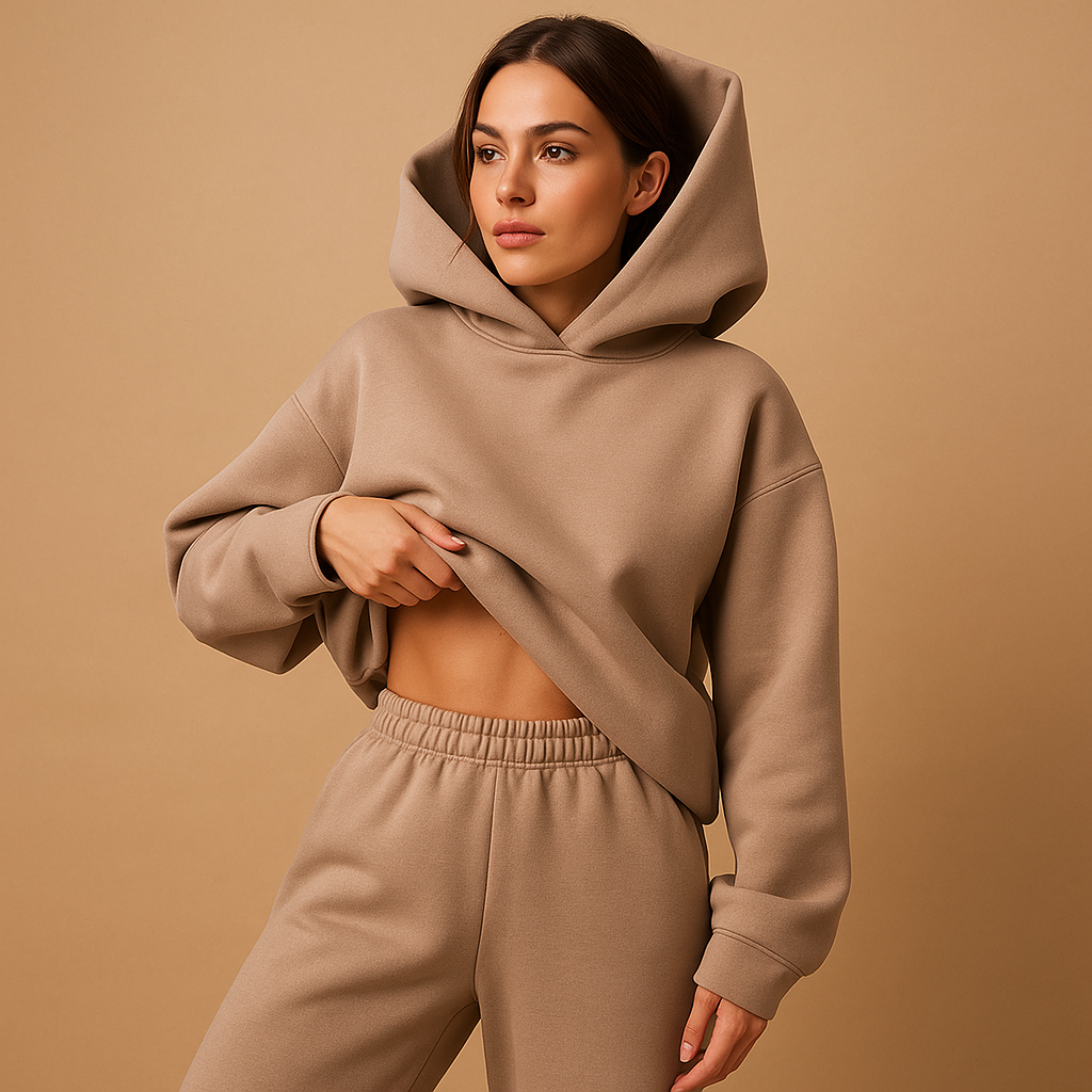 Oversized dames loungewear set met hoodie en joggingbroek, ideaal voor thuis, vrije tijd of onderweg, beschikbaar in diverse kleuren.