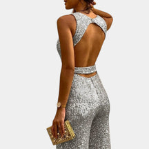 Glamoureuze mouwloze dames jumpsuit met pailletten in meerdere kleuren, perfect voor feesten, gala’s en speciale gelegenheden.