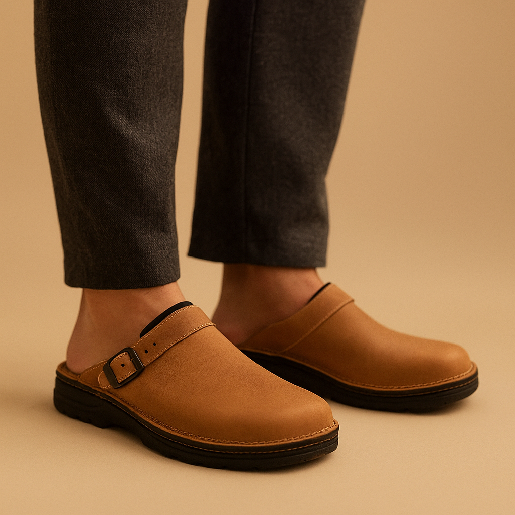 Comfortabele pantoffels voor heren met zachte binnenzool en stevige buitenzool, in de kleuren bruin, donkerbruin en zwart.